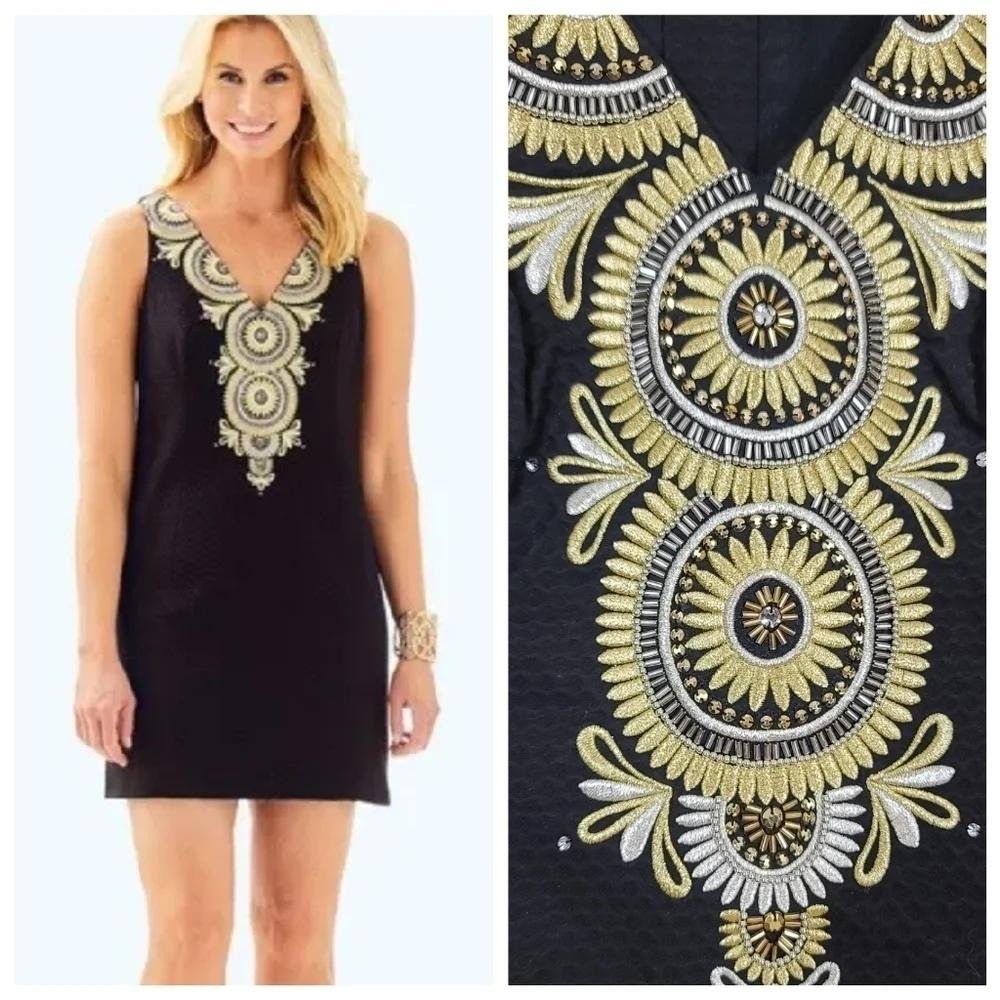 Lilly Pulitzer Black Gold Gabby Shift Embroidered Beaded Mini Dress 4 NWT Preppy